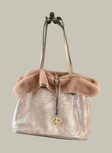 Jessica Simpson Metallic Champagne Faux Fur Trim Tote Bag Gold Logo Charm Large Photo 0