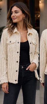Pilcro Fluffy Corduroy Trucker Jacket Womens Large Cream Frayed Fringe NWOT Photo 0