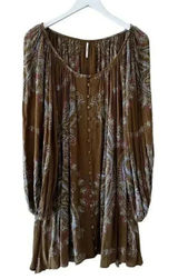 Free People Brown green hippie babydoll peasant dress balloon sleeves S #1993 Photo 0