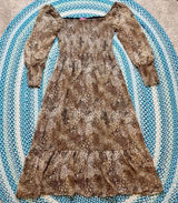 Betsey Johnson Peasant Tiered Midi Dress Large Smocked Puff Sleeve Animal Print Photo 0
