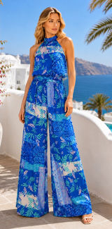 Flying Tomato Blue Halter Jumpsuit with Tropical Print Size NEW Photo 0