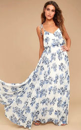Lulus Pollen for You Maxi Dress Women Small Blue White Floral Chiffon Wedding Photo 0