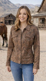 Andre Oliver Women’s Brown Black Faux SnakeSkin Leather Collared Jacket 4 Photo 0