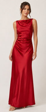 Zara Red Satin Maxi Dress XS Draped Neck Ruched Waist Sleeveless Evening Gown Photo 0
