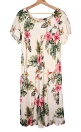 Iolani Hawaii Vintage‎ Tropical Floral Rayon Jacquard Midi Dress XL Cream Pink Photo 0