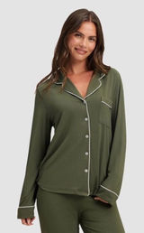 NWT Cozy Earth Bamboo Stretch Knit Classic Long Sleeve Pajama Top Olive Green M Photo 0