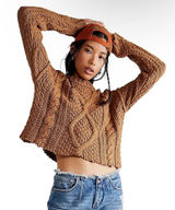 Free People Cutting Edge Cable Knit Pullover Sweater Camel Crop Cotton Size Smal Photo 0