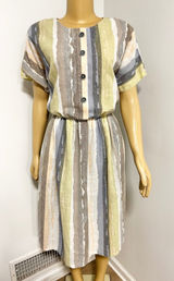 Vintage Style Abstract Stripe Midi Dress Short Sleeve Elastic Waist Earth Tones Photo 0
