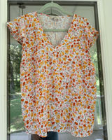 LOFT Short-Sleeve Floral V-Neck Top in Orange and Pink Photo 0