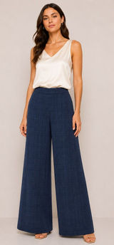 Old Navy High Rise Wide Leg Plaid Pants L Tall Women Navy Elastic Waist Office Photo 0