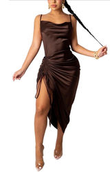 NEW Spaghetti Strap Satin Drawstring Ruched Split Hem Cocktail Dress XL Photo 0