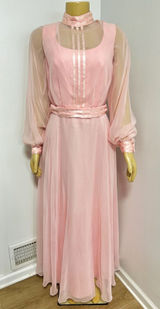 Vintage 70s Pink Chiffon Maxi Gown Sheer Bishop Sleeve Mock Neck Formal Dress Photo 0
