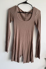 Abercrombie & Fitch Long Sleeve Ribbed Romper Taupe Brown The Lounge Collection Photo 0