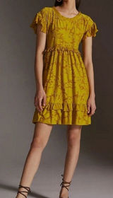 Anthropologie Playful Ruffle Mini Dress Mustard Chartreuse Photo 0