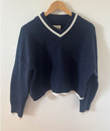 Abercrombie & Fitch Navy Blue V-Neck Varsity Stripe Cropped Sweater Small Photo 0