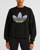 Adidas Trefoil Neon Gingham Logo Cropped Sweatshirt Black Women’s Size L Photo 0