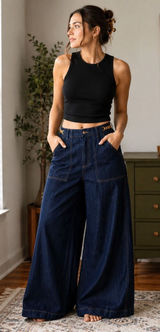 Free Market Wide Leg Jeans Womens M Dark Wash High Rise Gold Chain Denim Photo 0