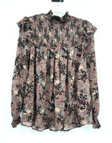 Knox Rose Floral Ruffle Smocked Yoke Top Taupe Black Floral Velvet Romantic Sz L Photo 0