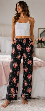 Victoria's Secret Pajama Pants Womens Medium Black Floral Rose VS Lounge Cotton Photo 0