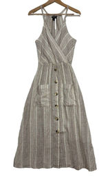 Indigo Rein Linen Dress Womens S Beige Striped Button‎ Skirt Coastal Boho Casual Photo 0