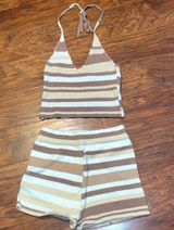 Princess Polly Women’s Isla halter top and shorts set in brown summer stripes Photo 0