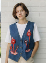 VTG Sun Belt Woman's Denim Vest Button Down Floral Embroidered Flowers Large USA Photo 0