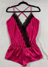 Victoria's Secret M Pink Black Lace Trim Satin Romper Sleep Teddy Lingerie Glam Photo 0