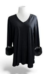 ANNE KLEIN Black Faux‎ Fur Women's XL Embellished V-Neck Sweater Whimsigoth Glam Photo 0
