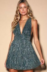Lulus Ailey Skater Dress Women Small Teal Blue Gold Metallic Mini Party Prom Photo 0