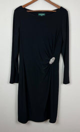 Lauren Ralph Lauren Dress 14 Black Sheath Ruched Broach Long Sleeve Flattering Photo 0