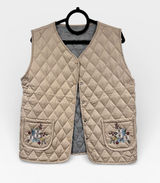 Boutique Vintage Style Beige Quilted Vest Women's Size L Floral Embroidery Pockets Photo 0