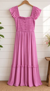 Mock Button Down Smocked Ruffle Detail Midi Dress Pink Photo 0