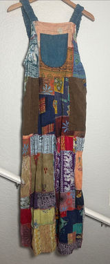 NEW Patchwork Jumpsuit Overalls Granola Girl Hippie Pockets Stretchy Straps Fall Photo 0