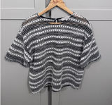 LOFT Womens Large Black White Striped Textured Knit Fringe Short Sleeve‎ Blouse Photo 0