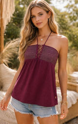 Y2K Hollister Beaded Babydoll Tiered Halter Top Womens L Burgundy Fairycore Photo 0