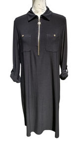Anne Klein Midi Dress Gold Zip Front Pockets Long‎ Sleeve Black Size 8 Photo 0