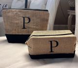 “Monogrammed Burlap/Jute Cosmetic Makeup Travel Zipper Pouch Set Brown Black” Photo 0