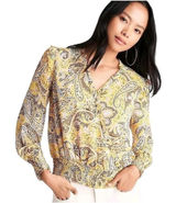 Ann Taylor Womens M Yellow Paisley Smocked Hem Wrap V-Neck Blouse Long Sleeve Photo 0