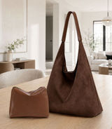 Coffee Brown Suede Slouchy Hobo Tote Crescent Bag Set + Mini Suede Shoulder Bag Photo 0