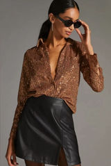 Anthropologie Remie Button Down Copper Sequin Top Women’s Medium Photo 0