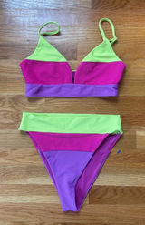 Beach Riot Colorblock Ribbed Bikini Set Neon Pink Green Purple High Waisted M Photo 0