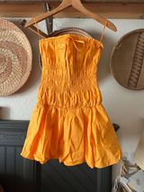Bubble smocked strapless Mini Dress Game Day Sweetheart in Marigold Orange XS Photo 0