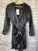 Zara Black Silky V Neck Long Sleeve Dress Rhinestone‎ Buckles Size S Semi Formal Photo 0