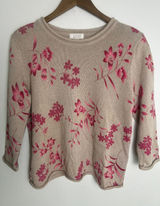 VTG Christopher Banks LG Floral Knit Sweater Tan Pink Linen Grandma Boho Cottage Photo 0
