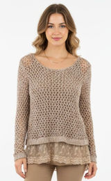 John Fashion Taupe Tan Crochet & Lace Layered Long Sleeve Sweater Blouse Top L Photo 0