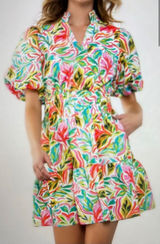THML Tropical Leaf Print Smocked Waist Puff Sleeve Tiered Mini Dress Small Photo 0