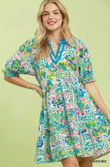 Umgee Mix Botanical Print Puff Sleeve Tiered Dress - Green Mix - Small Photo 0