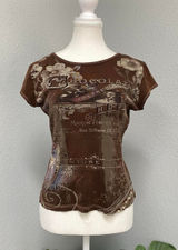 Y2k Brown Baby Tee Chocolate Espresso Coffee Floral Short Sleeve Rhinestone Photo 0