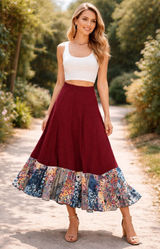 Bohemian Maxi Skirt Tiered Patchwork Ruffle Floral Print‎ Burgundy Boho Festival Photo 0