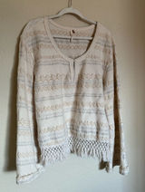 Free People Fringed Chunky Knit Embroidered Sweater Sz Large Flare Sleeves‎ Photo 0